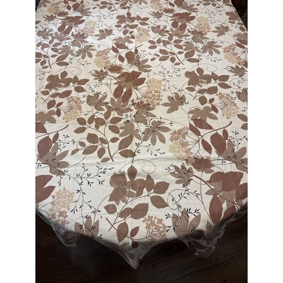 Vintage Floral Tablecloth 60x50" Taupe & Beige Leaf Print - Picture 1 of 4